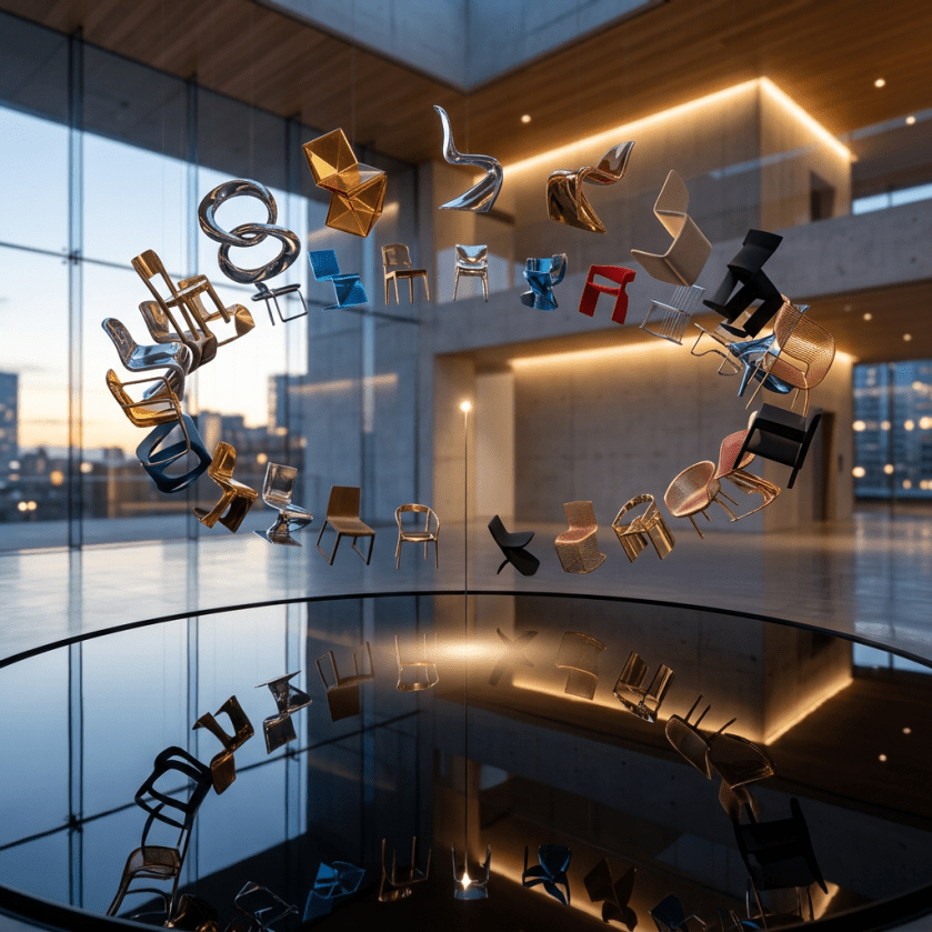 Various modern chair designs suspended in a circle with reflections on a shiny surface