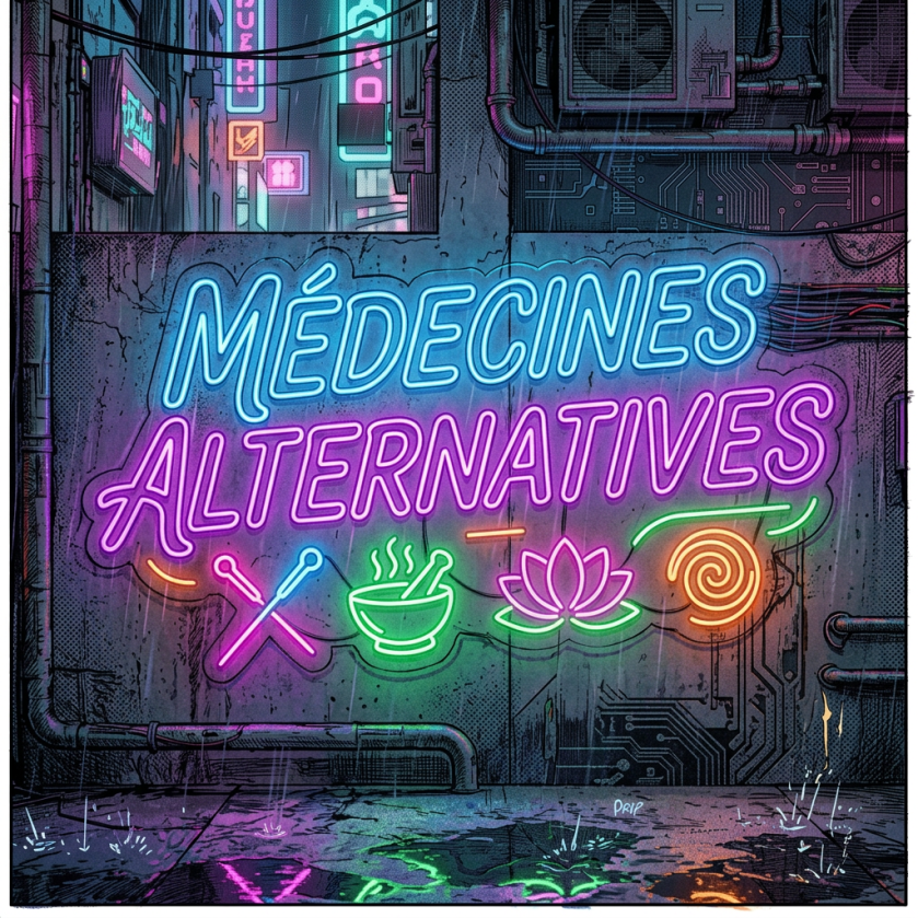 Neon sign reading “MÉDECINES ALTERNATIVES” with wellness therapy symbols